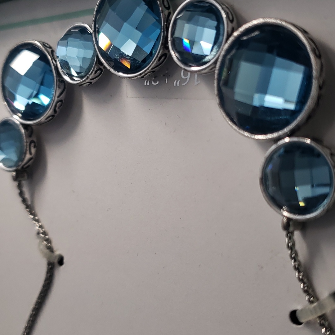 Scroll & Vine Necklace Reversible Crystal Blue & Hammered Silver Tone